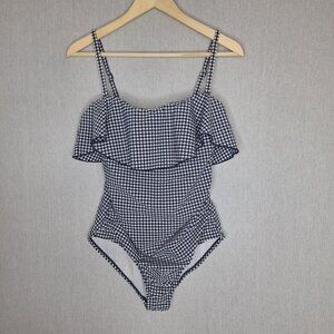 💙 Kona Sol Navy White Gingham Textured One Piece Swimsuit Size M Flattering Pre